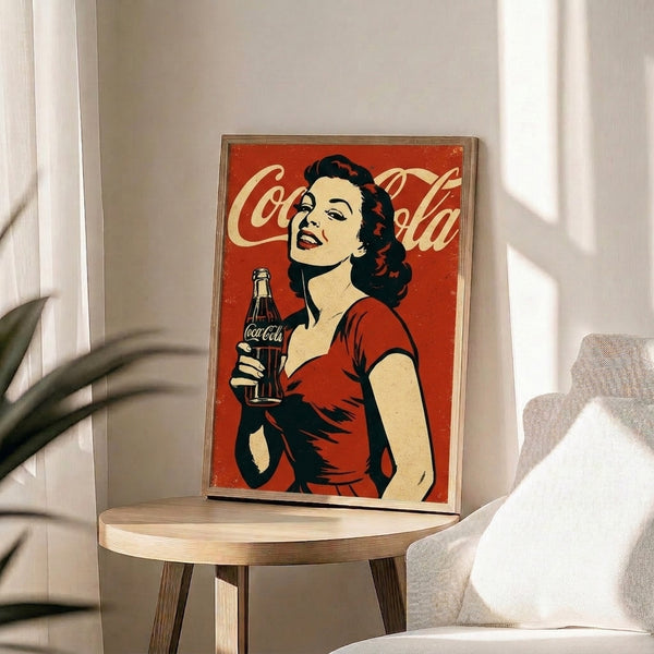 Framed vintage pop art print capturing retro Americana charm with a stylized pin-up woman, Coca-Cola bottle, and striking red and black color scheme.