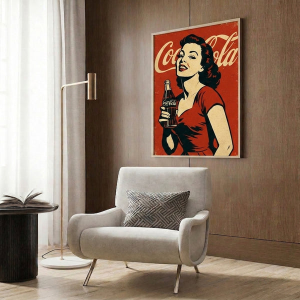 Nostalgic pop art poster featuring a glamorous mid-century woman holding a classic Coke bottle, rendered in bold retro reds, cream, and black.