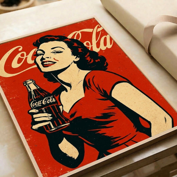 Retro wall art print in classic pop art style showing a chic 1950s-inspired woman with a Coca-Cola bottle against a warm red and cream background.