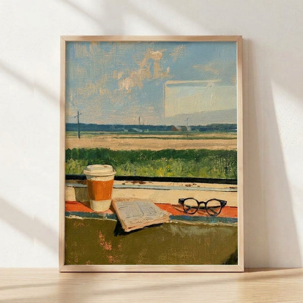 Framed watercolor print featuring a coffee cup and reading glasses beside an open newspaper, with a serene landscape of fields and fence visible through a window in soft blues, creams, and sage green tones.