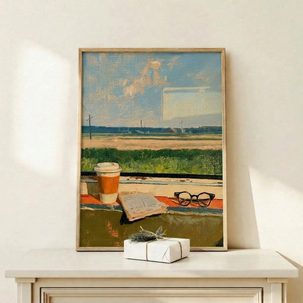 Modern impressionist art print showing a peaceful scene of coffee and spectacles near a newspaper, overlooking a tranquil countryside with golden fields and sky in warm and cool earth tones.
