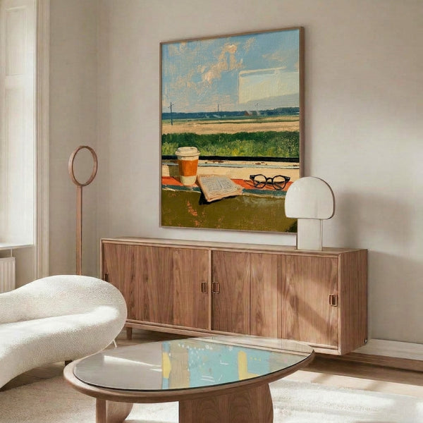 Contemplative watercolor poster depicting a steaming coffee cup, eyeglasses, and newspaper on a windowsill with a leisurely landscape view in rust orange, blue, and cream hues.