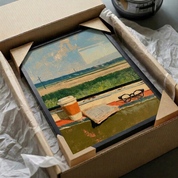 Impressionist-style framed artwork capturing a quiet moment with coffee, reading glasses, and newsprint set against a soft, dreamy countryside vista in muted blues, greens, and golden tones.