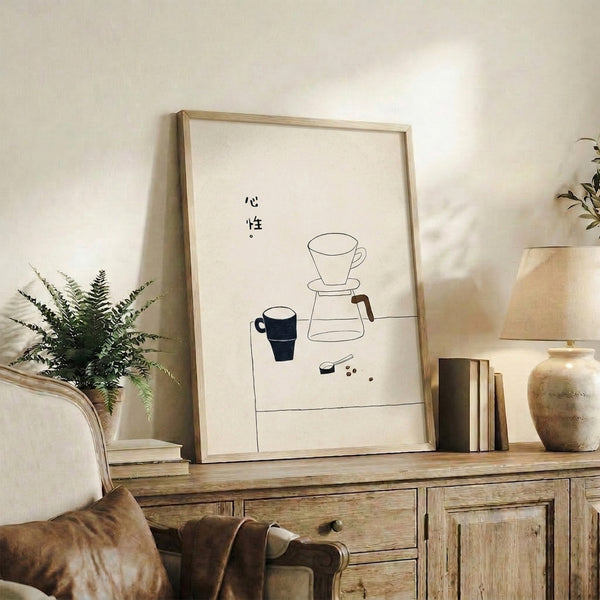 Calm minimalist illustration of coffee brewing equipment rendered in elegant line work, neutral palette framed print.