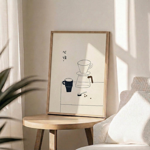 Peaceful wabi sabi coffee art with minimalist kettle and cup line drawing in cream and black on wall.