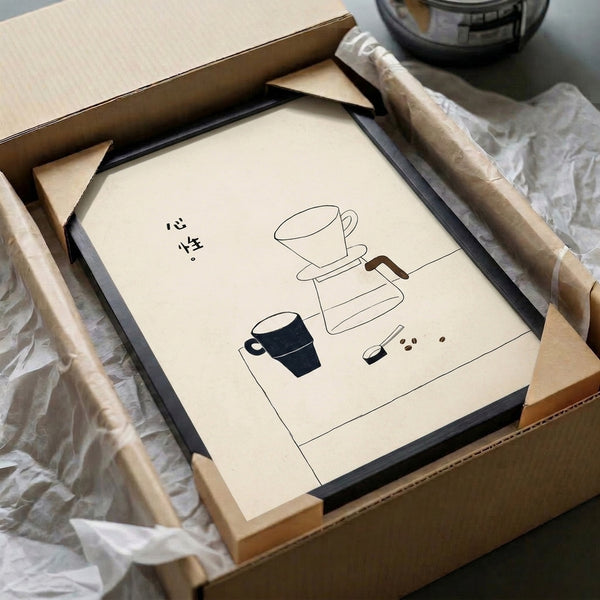 Meditative line art poster capturing a coffee pour over moment in simple, serene Japandi style with warm neutral colors.