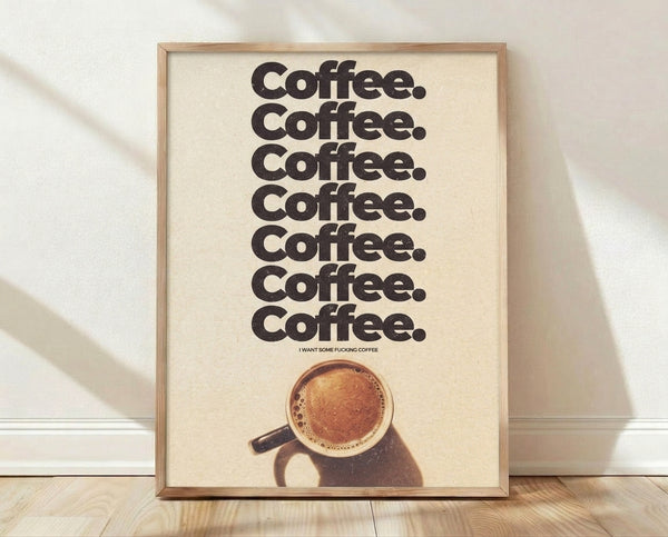 Retro Bauhaus-style typography poster with the word Coffee repeated three times in black and tan lettering on a cream background, framed on a wall.
