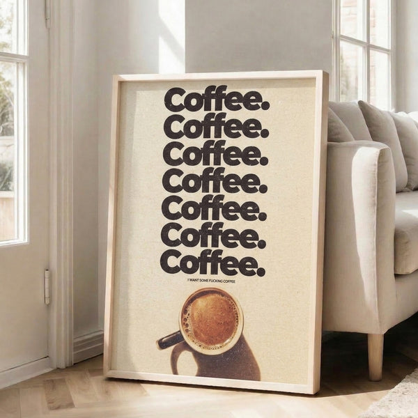 Framed minimalist wall art celebrating coffee culture with repetitive typography in a retro color palette of cream, black, and warm brown hues.