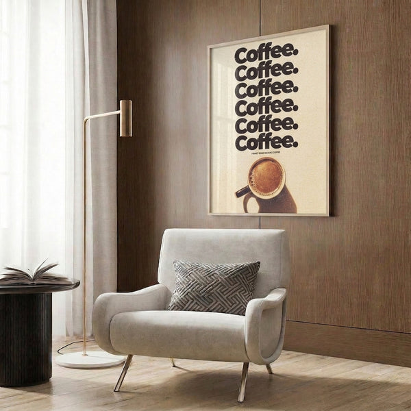 Retro-inspired coffee poster with bold minimalist lettering arranged vertically in brown and black against a cream ground, framed and displayed on a wall.
