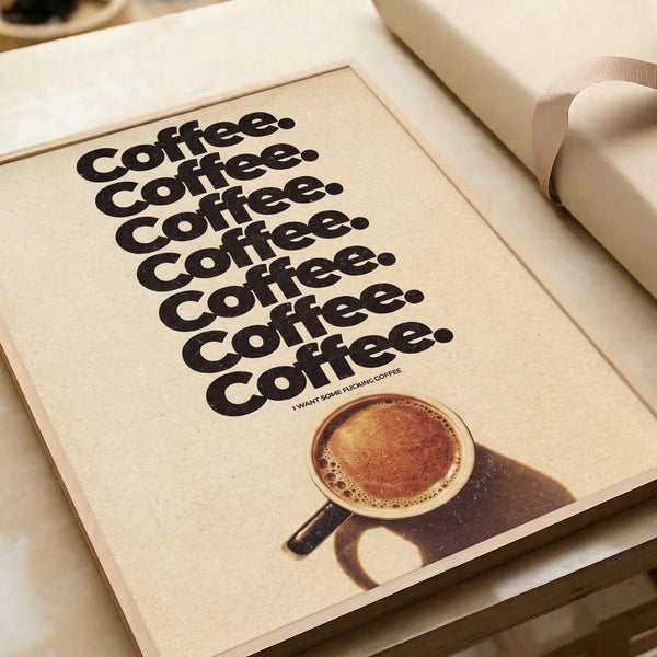 Caffeinated humor meets Bauhaus design in this typography-focused art print with cream and brown tones, featuring the word coffee repeated in geometric lettering.