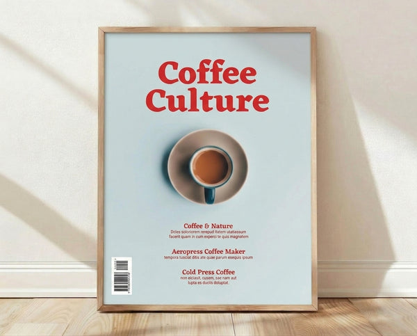Minimalist coffee poster featuring a red and brown coffee cup on a light blue and beige background, creating a calm and sophisticated mood suitable for modern home decor.