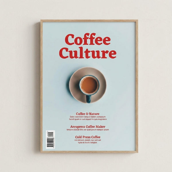 Modern art print of a stylized coffee cup in red tones set against soft blue and neutral beige, embodying serene japandi-inspired aesthetics framed on a wall.