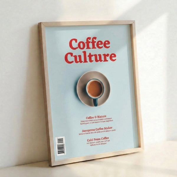 Sleek minimalist poster showcasing a coffee saucer and cup in warm brown and red hues with a peaceful light blue backdrop, perfect for contemporary living spaces.