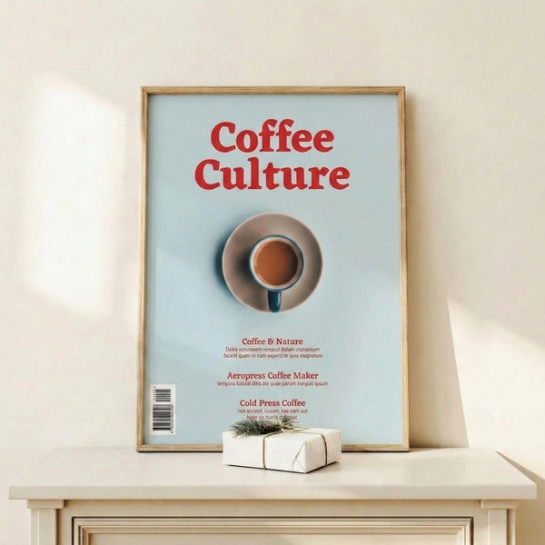 Contemporary coffee-themed wall art with a geometric coffee cup design in red, brown, and soft blue tones, conveying an inviting yet understated elegance.
