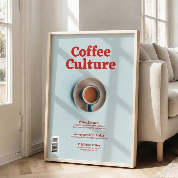 Minimalist framed poster depicting a simple coffee cup motif in earthy browns and vibrant red against a serene light blue field, ideal for sophisticated home interiors.