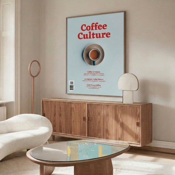 Modern minimalist print featuring a coffee cup illustration in muted red and brown on soft blue and beige, bringing calm, coffee-culture-inspired decor to any room.