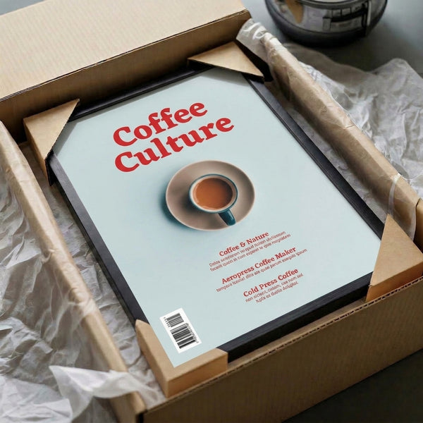 Contemporary art print with a simplified coffee cup design in warm reds, browns, and cool blues, capturing the essence of minimalist coffee bar aesthetics for stylish homes.