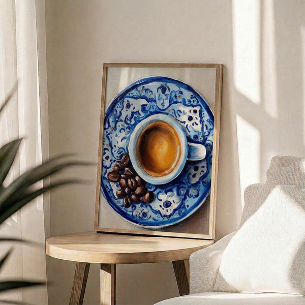 Warm watercolor art print depicting Turkish coffee setup with deep blue cup, roasted beans, and plates in earthy beige and gold hues, creating an inviting kitchen scene.