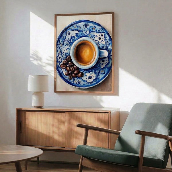 Artistic watercolor painting of coffee cup, beans, and ceramics in rich cobalt blue, golden orange, and cream palette, conveying a cozy everyday moment as framed wall art.