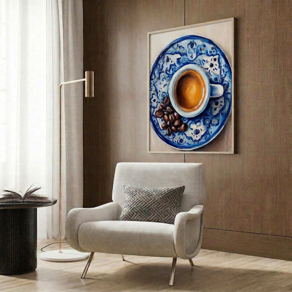 Framed watercolor poster showcasing an intimate coffee still life with blue ceramic cup, scattered beans, and dishware in harmonious warm and cool tones.