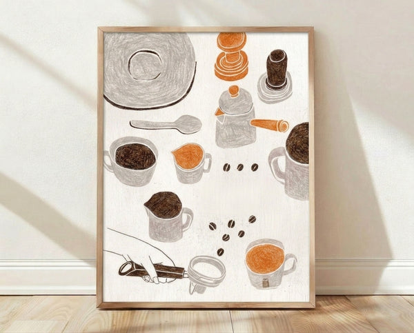 Minimalist line art poster depicting a coffee brewing ritual with kettle, cup, spoon, and orange slice in cream, tan, and brown tones, creating a warm and cozy domestic scene.