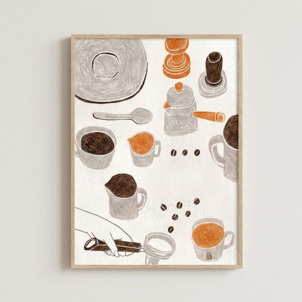 Line art framed poster showing coffee preparation elements including mug, coffee beans, and citrus in a calm minimalist style with warm neutral colors.