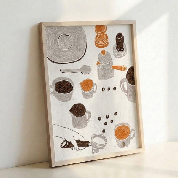 Cream and tan line art poster illustrating a coffee brewing moment with kettle and cup, accented by orange and brown details for a serene kitchen aesthetic.