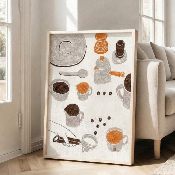 Minimalist line drawing poster featuring coffee-making essentials and citrus in soft warm tones, evoking cozy domestic tranquility on a wall.