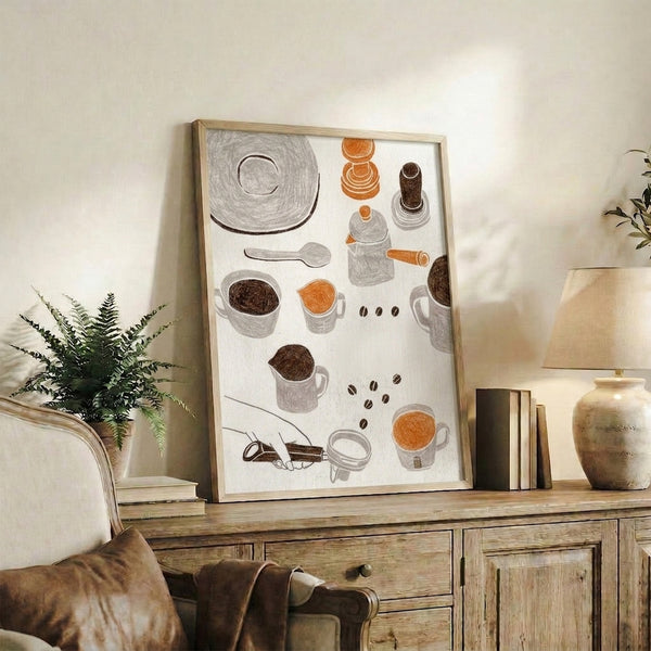 Line art coffee poster in muted cream and gray with brown and orange accents, capturing a peaceful brewing ritual in minimalist style.