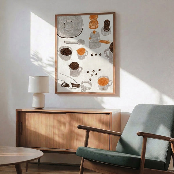 Minimalist line art wall poster of a coffee brewing scene with warm cream, tan, and orange tones, conveying quiet domestic comfort.