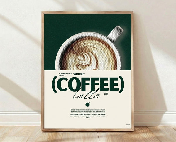 Retro halftone coffee poster featuring a steaming latte cup in dark green, cream, and brown tones with minimalist design aesthetic.