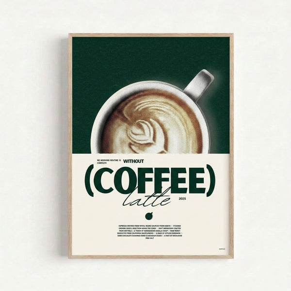 Modern minimalist art print of a coffee latte rendered in vintage halftone style with warm earth-tone colors and cozy elegance.