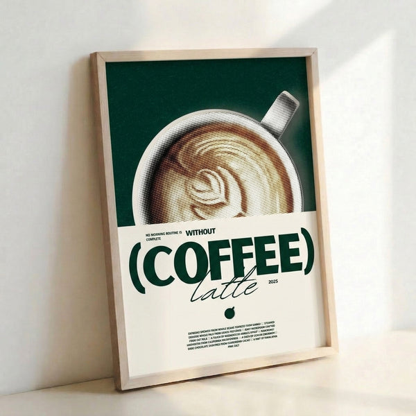 Framed contemporary coffee art showcasing a latte cup in retro halftone technique, combining dark green and cream palette for sophisticated home decor.