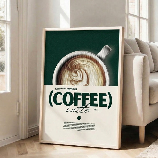 Minimalist halftone poster celebrating coffee culture with a detailed latte cup in muted greens, tans, and cream, perfect for café or kitchen wall.