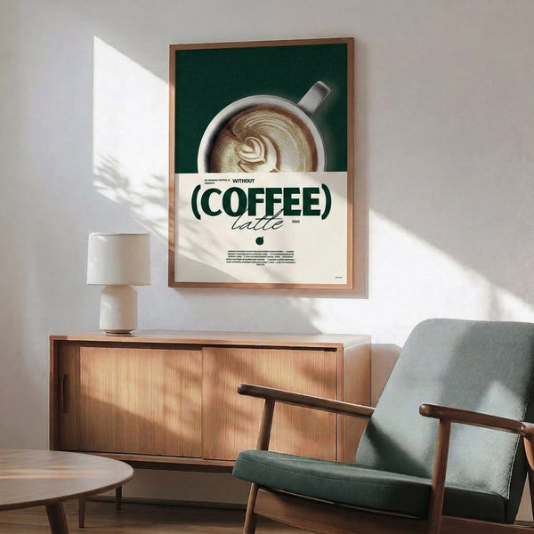 Vintage-inspired halftone coffee print featuring a steaming latte in earthy tones of green, brown, and cream with modern minimalist composition.