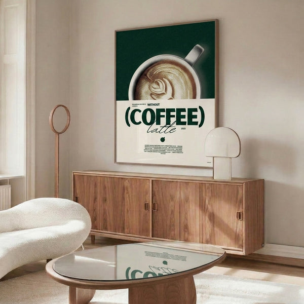 Retro coffee poster art with halftone latte design in soothing dark green and tan hues, blending motivational minimalism with cozy café vibes.