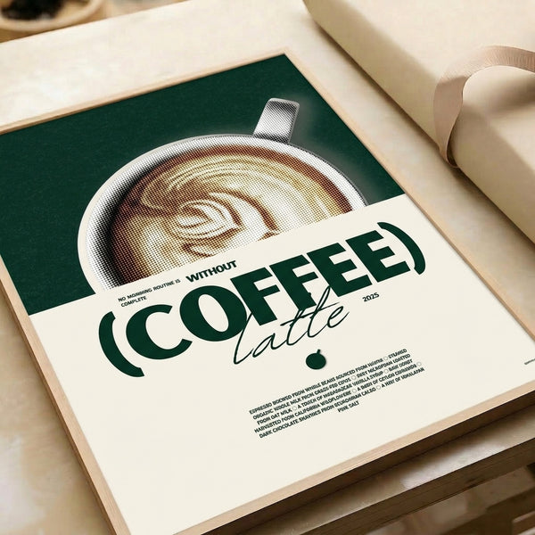 Contemporary halftone artwork of a coffee latte cup in cream, brown, and forest green tones, reflecting modern minimalist design sensibilities.