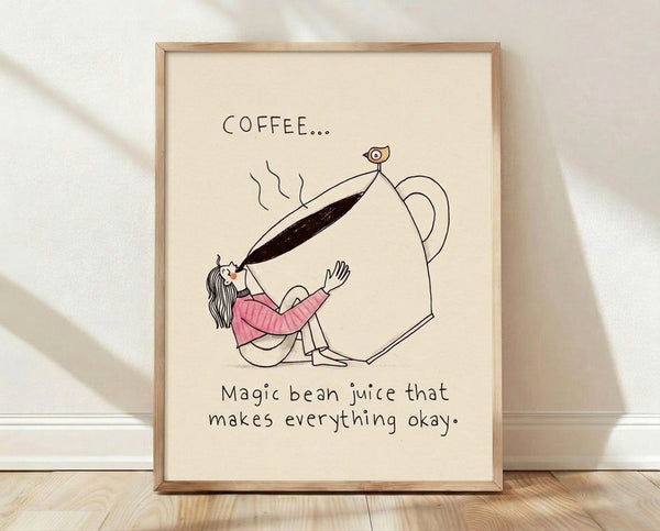 Minimalist line art poster of a woman holding a coffee cup with a bird perched nearby, rendered in cream, brown, and pink tones with whimsical cottagecore charm.