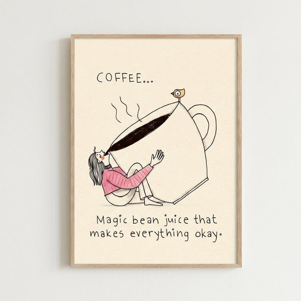 Cozy kitchen wall art print featuring simple black line drawings of a woman, steaming coffee cup, and delicate bird in warm cream and brown palette.