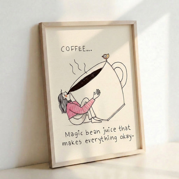 Wabi sabi inspired line art depicting a woman enjoying coffee with a bird companion, combining minimalist aesthetics with gently humorous cottagecore warmth.