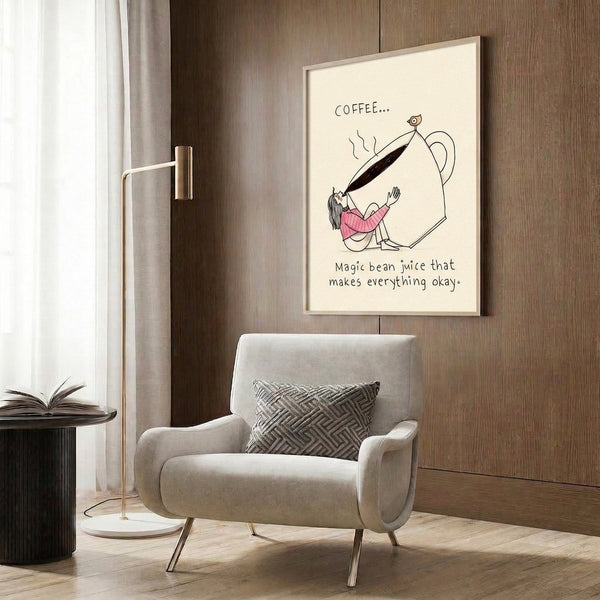 Wabi sabi poster print with line-drawn woman, coffee cup, and bird in cream, brown, and pink—a comforting, gently humorous take on coffee culture.