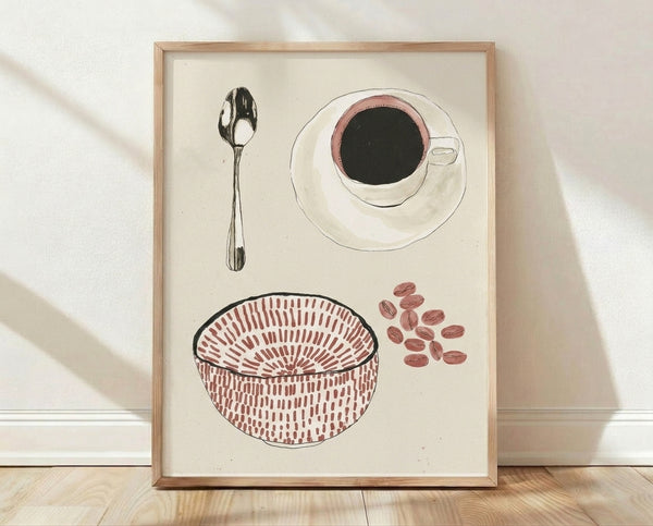Minimalist line art poster featuring a coffee cup, spoon, and beans in black ink on cream background, calm kitchen wall decor.