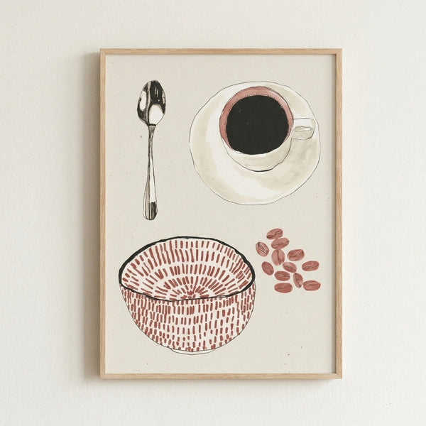 Black and white line drawing of coffee cup with spoon and scattered beans, minimalist aesthetic framed poster for kitchen spaces.