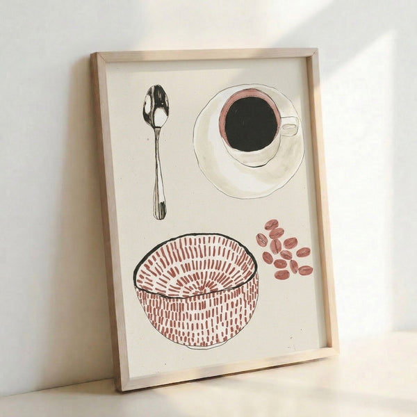 Cream-colored art print with simple black line sketch of coffee bowl, utensil, and beans, serene kitchen wall art.