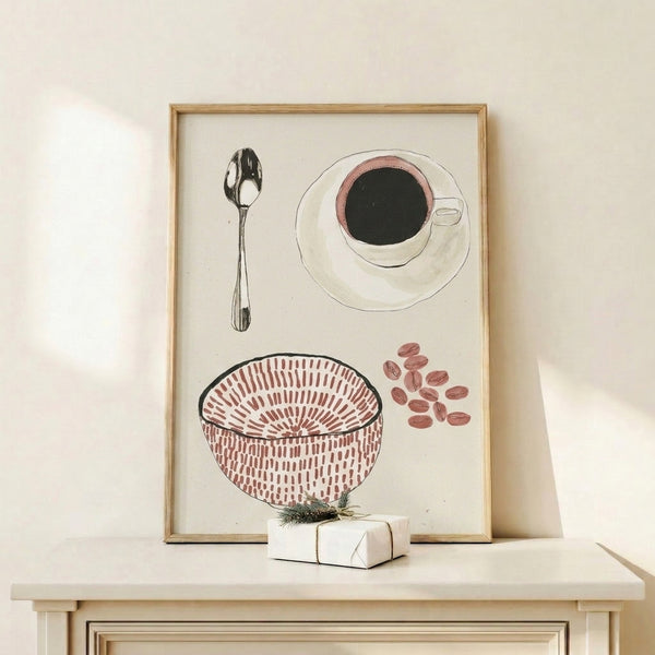 Minimalist kitchen poster showing delicate line art coffee cup, spoon, and beans in black and terracotta tones on light background.
