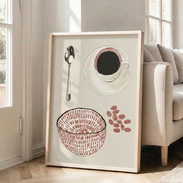 Line art coffee print with organized composition of cup, spoon, and beans, minimalist wall décor in neutral cream and black.