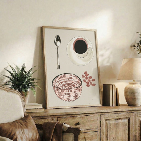 Calm minimalist poster depicting coffee cup, spoon, and scattered beans as simple black line illustrations on cream ground.