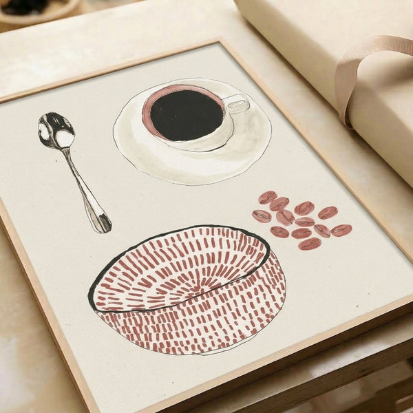 Black line sketch of coffee cup with spoon and beans, minimalist kitchen art print in serene cream and terracotta palette.