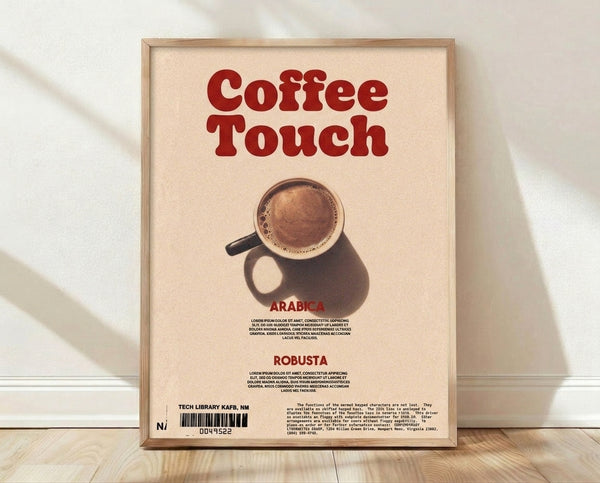 Retro minimalist coffee poster featuring a dark red and brown coffee cup on cream background, warm and inviting vintage kitchen wall art.