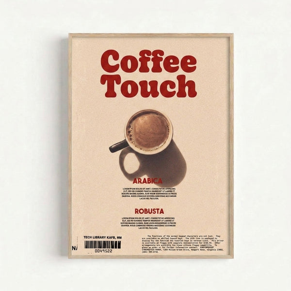 Warm-toned vintage coffee print with stylized Arabica and Robusta cup design in cream, brown, and black, framed on wall.